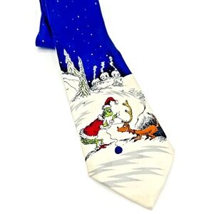 Vintage 1996 Dr. Seuss The Grinch Stole Christmas Tie ~100% Silk ~ Blue White